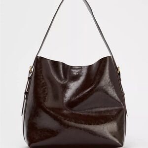 NWT Zara Dark Brown Leather Hobo Bucket Bag